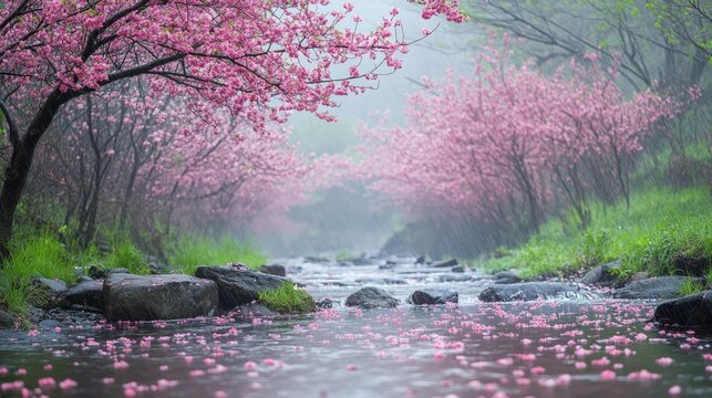 Cherry blossoms falling into river during spring rain