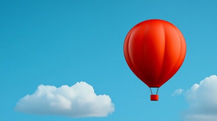 Fototapeta premium Red Hot Air Balloon's Journey: A vibrant red hot air balloon gracefully ascends against a brilliant blue sky, accented by fluffy clouds. Capturing the sense of adventure.