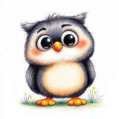 Fototapeta premium Adorable Gray and Tan Cartoon Owl with Large Eyes Standing in Green Grass