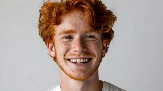Redhead with Dimples: A young man with a bright, genuine smile, showcasing a full head of vibrant red hair and freckles. His eyes sparkle with joy, radiating a sense of confidence and optimism.