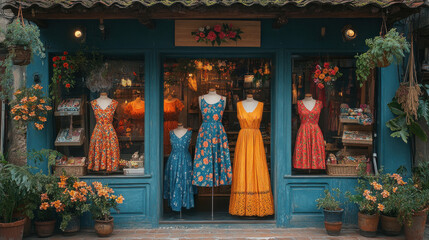 Fototapeta premium Clothing boutique featuring colorful, high-end dresses with vibrant floral patterns displayed in the window