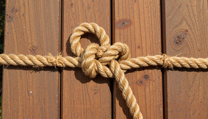 Obraz premium Knot tied with rope on wooden surface