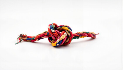 Colorful knotted rope against white background