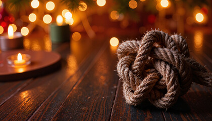 Rope knot decoration on wooden table with candles in background