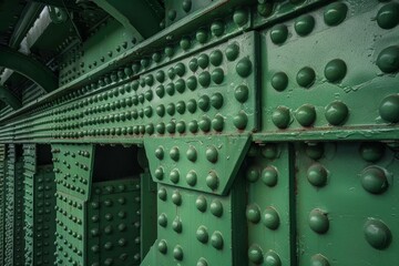 Close-up of green riveted steel bridge structure with industrial details
