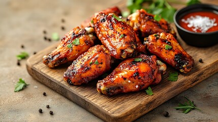 Fresh chicken wings neatly arranged on a wooden cutting board, seasoned with salt and black pepper, ready for cooking, set against a warm beige background with space for text.