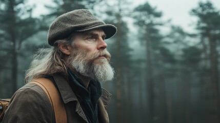 Mature caucasian male with beard in forest wearing cap and jacket