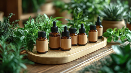 Cosmetics showcase featuring natural skincare bottles placed on bamboo trays with green leaves