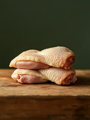 Fototapeta premium A side view of tender chicken thigh fillets, neatly stacked and ready for meal prep, placed on a wooden counter with a forest green background, leaving space for branding.
