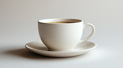 A single cup of coffee on a saucer, isolated on a light beige background.