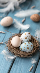Obraz premium Easter eggs, feathers in a nest on a blue wooden background. The minimal concept. Easter banner , Top view.