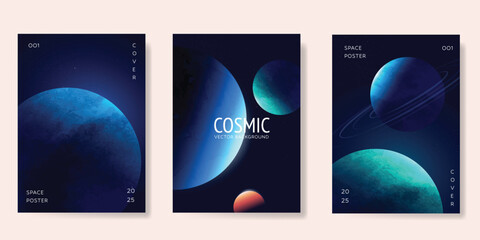 Planet and galaxy Space card vector set. Solar system with galaxy planets, asteroids, jupiter, saturn, mars, moon, ring line solar. Cosmic design for flyer, brochure, background, poster, cover.  © babeer