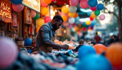 Obraz premium Man Shopping at Colorful Street Market with Balloons