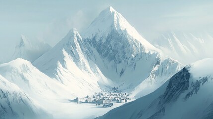 Obraz premium Snow-covered mountain peaks surround a small village nestled in a valley below under the light blue sky