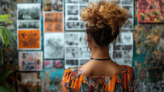 Fashion designer finalizing mood boards for an upcoming collection surrounded by vibrant sketches