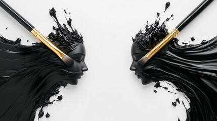Dual black paintbrush portraits with flowing paint strokes