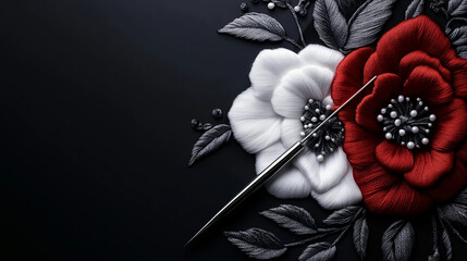  Red and white embroidered flowers with needle on black background