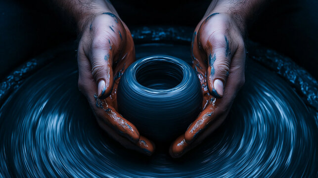 Hands shaping clay pottery on spinning wheel
