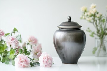 Elegant ceramic urn with pink roses and greenery on white background