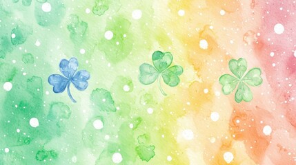 Fototapeta premium Watercolor shamrocks on rainbow background with splatters and dots