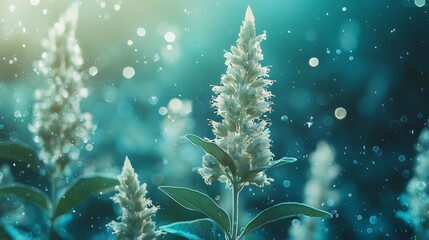 White sage close-up, surrounded by floating digital particles, augmented reality effect, vibrant blue-green tones, holographic style
