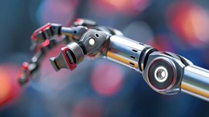 Fototapeta premium Close-up of advanced robotic arm with metallic and red accents performing precise movements in a futuristic medical research facility, symbolizing innovation and AI-driven healthcare technology.