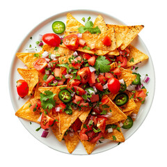Nachos with fresh salsa, jalapenos, and cilantro on a white plate, top view, isolated on white