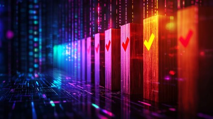 Wooden blocks arranged vertically, each with a glowing red holographic check mark, against a tech-inspired digital background, vibrant colors, 3D render
