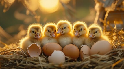Adorable fluffy ducklings nestled among straw and broken eggs