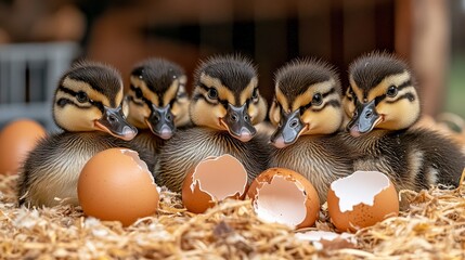 Obraz premium Five adorable ducklings among broken eggshells in straw nest