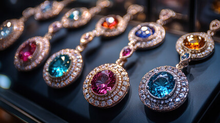 Jewelry close-up highlighting intricately designed gemstone pendants on a mirrored display