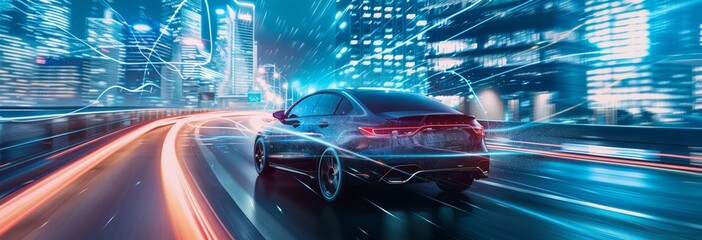 Photo panorama background of modern electric EV car driving into a modern city with streak lights. High technology automotive theme. Generative AI