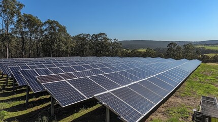 Large solar panel farm in rural landscape with blue sky and greenery