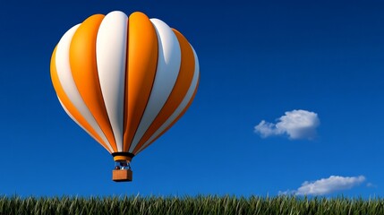 Fototapeta premium Soaring Dreams: A vibrant hot air balloon ascends into a clear, bright blue sky. The scene encapsulates the essence of adventure, freedom, and the pursuit of aspirations.