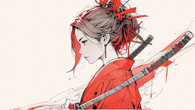 Mesmerizing anime portrait of a girl in red warrior kimono with katana sword exuding strength and focus Anime Wallpaper Background Illustration Aesthetic