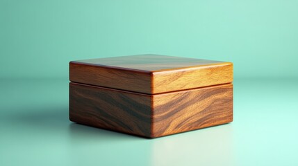 A polished wooden box mockup with sharp edges on a calm sea-green background