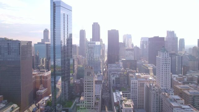 Witness the hustle and bustle of Chicago's business district with captivating drone visuals.