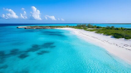 Fototapeta premium Tropical paradise, pristine white sand beach meeting turquoise water, ideal for relaxation and vacation themed projects.
