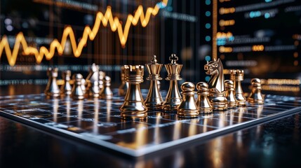 Strategic chess match illustrating financial trends business boardroom digital art indoor environment close-up viewpoint competition and strategy concepts