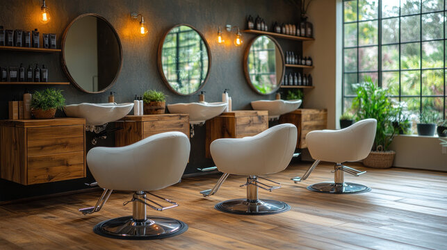Salon setup featuring luxurious styling chairs, backlit mirrors, and modern haircare tools