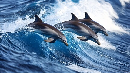 Fototapeta premium Three dolphins leaping through ocean waves, playful marine life in motion, vibrant blue water, perfect for nature themes.