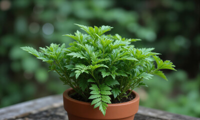 Fototapeta premium Parsley Fern (Cryptogramma crispa) Delicate fern with finely divided green leaves, planted in a small terracotta pot, perfect for shaded