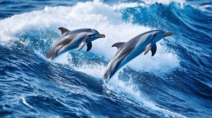 Obraz premium Dolphins leaping through ocean waves, playful marine mammals showcasing agility and grace in vibrant blue waters.
