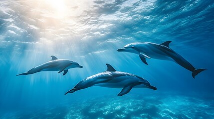 Dolphins swimming gracefully, three playful dolphins gliding through vibrant blue water, scene radiates tranquility and freedom.