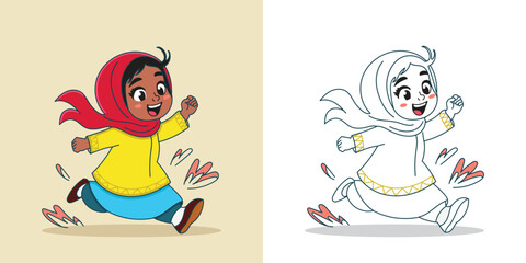 an African Muslim girl running for a design element or coloring book element
