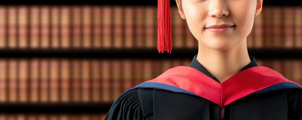 Women's History Month Concepts. Graduation portrait of a woman in academic regalia against bookshelves.