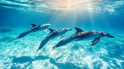 Naklejka premium Three playful dolphins swimming together, vibrant ocean hues, showcasing marine life harmony, perfect for aquatic themes.