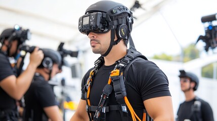 Group of individuals wearing VR headsets and motion capture suits in a high-tech environment