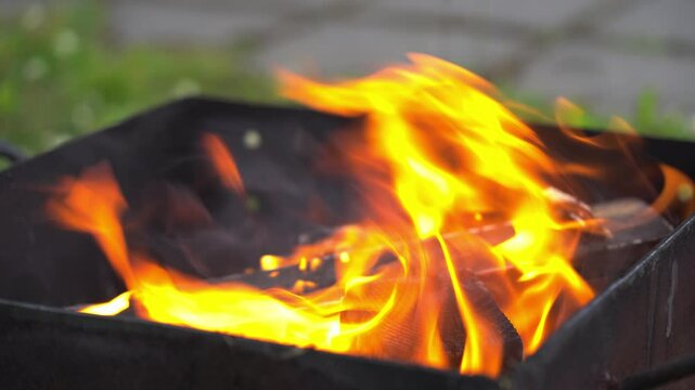 Wood chunks burning rapidly under the fiery hot flames. Close up shot of the grill prepping process