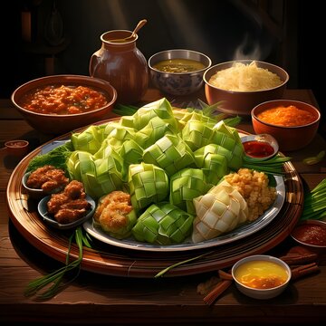 Ketupat Food on Plate with Ramadan Vibes, Traditional Indonesian Cuisine, Poor Ayame and Side Dishes, Eid al-Fitr Celebration, Festive Muslim Meal, Iftar Dining, Asian Culinary Culture, Holiday Feast